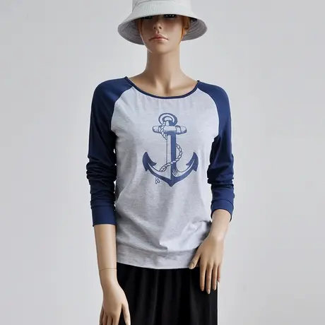 海军风插肩袖拼接撞色印花女装长袖T恤带胸垫女土七恤新款图片