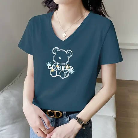 夏季2022年新款短袖韩版纯棉宽松短袖T恤女学生V领打底上衣女装潮商品大图