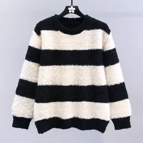 黑白条纹毛衣女秋冬2023新款韩版宽松慵懒风小个子百搭套头针织衫商品大图