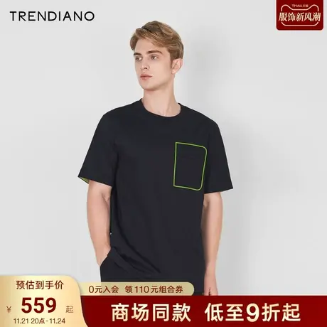 TRENDIANO春夏圆领宽松短袖t恤时尚潮流体恤男士上衣黑色内搭图片