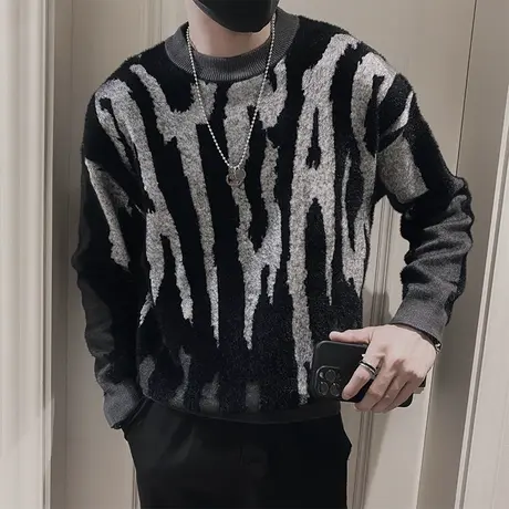 美式潮牌毛衣男秋冬新款个性竖条斑马纹设计感时尚内搭针织衫上衣商品大图