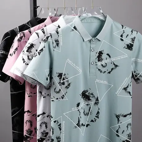 纯棉时尚休闲印花翻领Polo衫男韩版潮流夏季短袖t恤港风半袖体恤商品大图