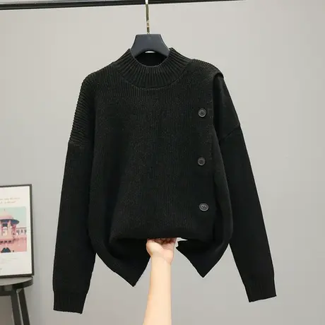 2023春秋新款韩版宽松半高领针织衫套头长袖纽扣纯色毛衣上衣打底商品大图