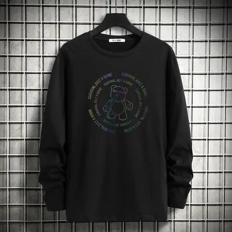 纯棉长袖t恤男装2023新款秋季小熊潮流内搭打底衫全棉黑色秋衣服商品大图