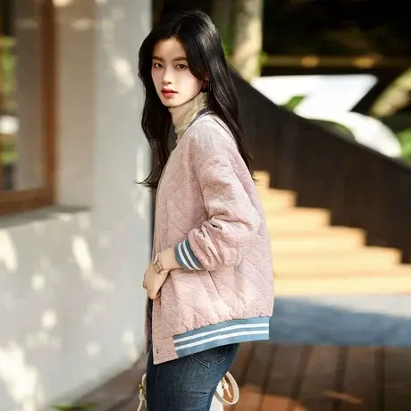 时尚气质外套2023年秋季新款女装百搭宽松圆领加厚短款棒球服上衣图片