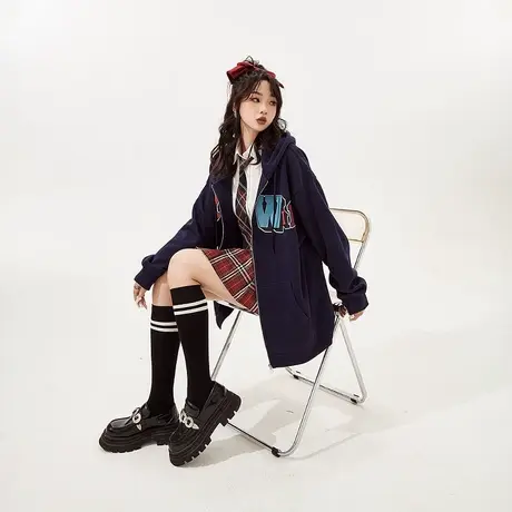 YEP学院风连帽开衫卫衣女秋季2023新款美式复古宽松oversize外套商品大图