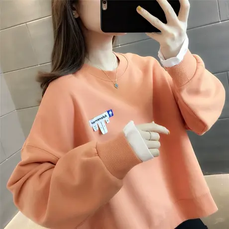学院风短款卫衣女圆领套头衫2023年学院风糖果色上衣外套慵懒风潮图片