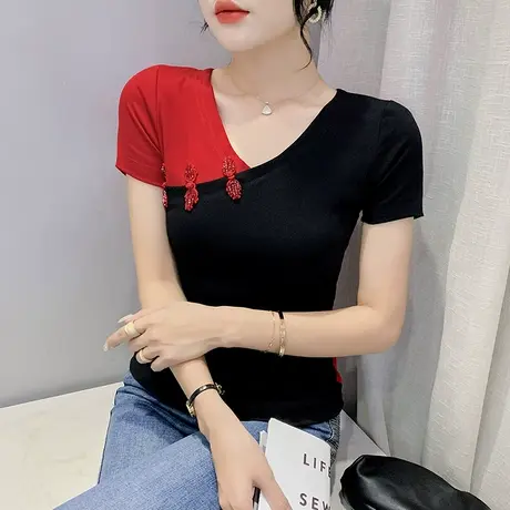 欧货性感V领拼色T恤女短袖洋气盘扣上衣修身显瘦百搭半袖小衫夏装商品大图