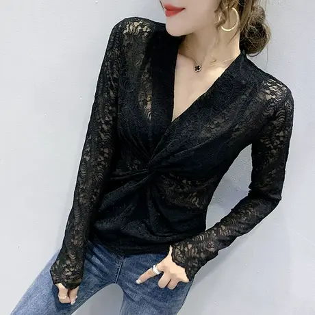 2024秋装新款性感镂空蕾丝衫女长袖设计感扭结上衣洋气内搭打底衫商品大图