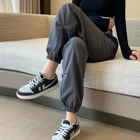 灰色美式工装裤女春秋新款高腰垂感宽松直筒阔腿束脚休闲拖地裤子商品大图