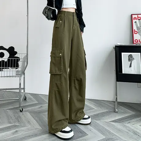 美式工装裤女2023新款秋季高腰阔腿牛仔裤女春秋显瘦拖地裤直筒裤图片