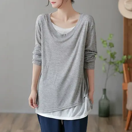 dza 复古假两件宽松长袖t恤女士春秋洋气内搭上衣休闲打底衫体恤商品大图