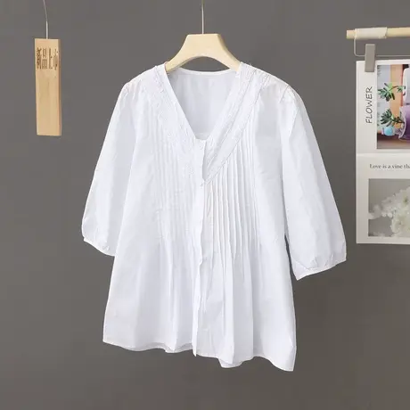 夏新装中袖衬衫女纯色V领宽松短袖衬衣法式气质百搭女装小众上衣图片