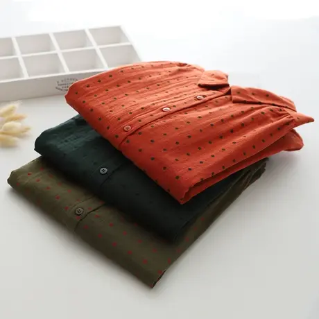 春秋新款韩版文艺圆点点印花双层棉纱长袖衬衫女复古宽松打底上衣图片