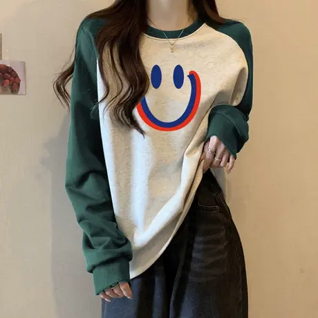 拼接撞色插肩长袖T恤女秋冬宽松显瘦内搭外穿打底衫上衣加绒加厚商品大图