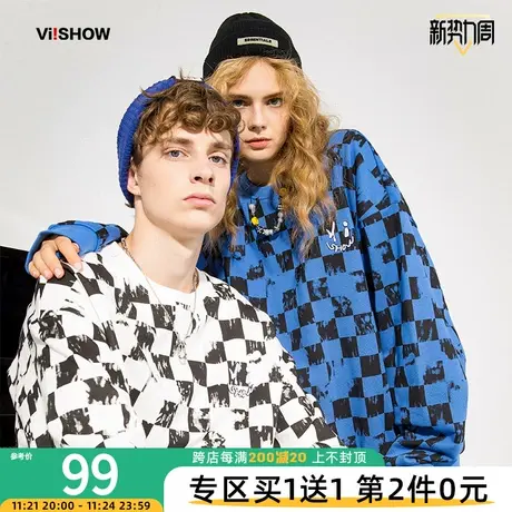 VIISHOW卫衣男2023秋季新品潮牌时尚流行圆领套头棋盘格情侣上衣商品大图