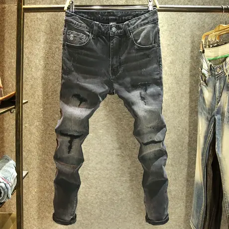 秋冬款黑灰色潮牌猫须男士牛仔裤修身小脚裤破洞补丁百搭弹力裤子商品大图