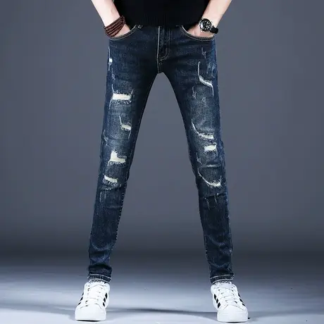 男士破洞美式高街潮牌潮流裤子弹力牛仔裤男款修身小脚2023休闲裤商品大图