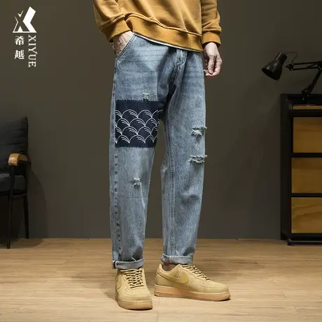 希越创意拼接破洞牛仔裤男秋冬纯棉耐磨直筒长裤宽松大码胖子男裤商品大图