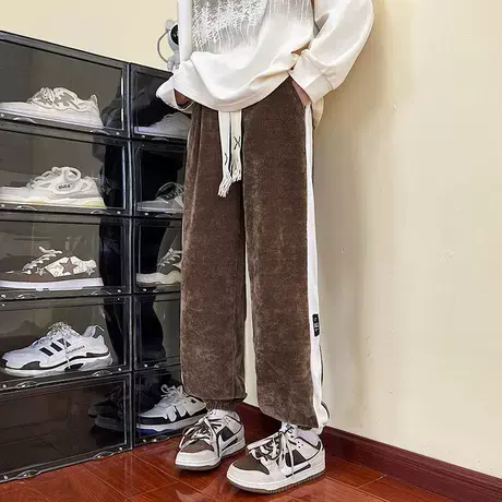 美式重磅拼接灯芯绒裤子男潮牌秋季新款加绒宽松厚款束脚休闲卫裤商品大图