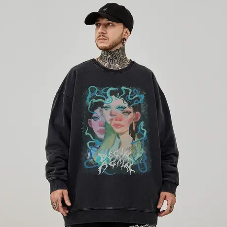 加肥加大码圆领美式重磅复古胖子男装加绒宽松水洗做旧卫衣春秋款商品大图