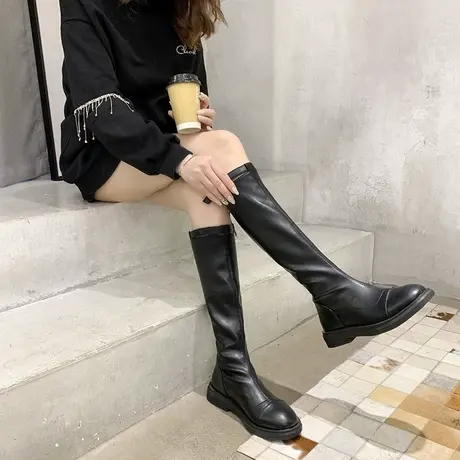 永希黑色不过膝长靴女款秋季2022年新款高筒靴法式粗跟显瘦骑士靴商品大图