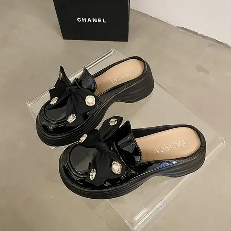 法式包头半拖女款夏日爆款2024年新款粗跟水钻蝴蝶结厚底凉拖鞋潮商品大图