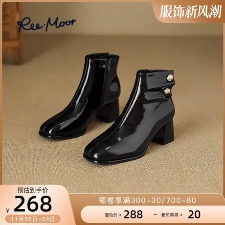 REEMOOR睿慕冬季新款法式气质漆皮短靴女上班通勤高跟瘦瘦靴图片