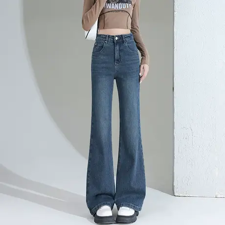 黑色加绒微喇牛仔裤女秋冬季高腰垂感弹力显瘦加长喇叭抓绒裤子商品大图