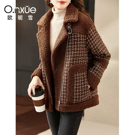 欧昵雪2023冬季新款翻领颗粒绒拼接格纹毛呢外套女宽松加厚呢大衣图片