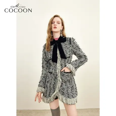 missCOCOON老钱风2023冬装新款女流苏拉毛连衣裙式外套商品大图