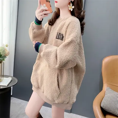 加绒加厚刺绣羊羔毛卫衣女秋冬2023年新款宽松慵懒风百搭外套上衣商品大图