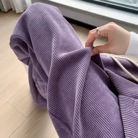 加绒裤子女2023新款秋冬紫色灯芯绒雪尼尔直筒阔腿裤条绒休闲高腰商品大图