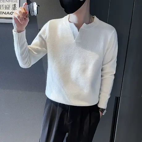 秋冬季时尚休闲纯色V领简约毛衣男士针织衫打底衫潮牌百搭ins个性商品大图