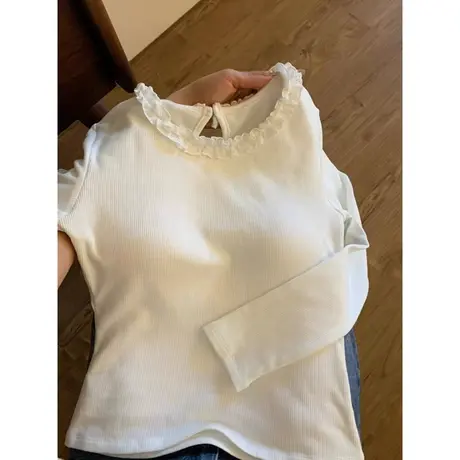 德绒长袖T恤女冬季加绒加厚保暖修身打底小衫内搭蕾丝花边上衣服商品大图