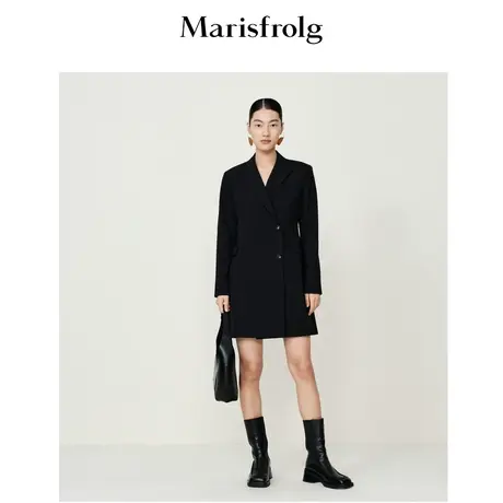 【新能量黑裙】玛丝菲尔茶歇裙春季新款黑色v领长袖西装连衣裙女图片
