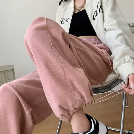 粉色高腰阔腿裤女2024春秋新款宽松垂感直筒窄版休闲百搭拖地长裤图片