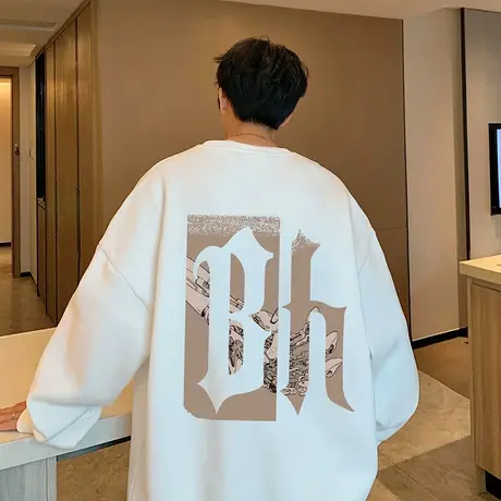 哥特字母印花美式卫衣男宽松秋冬季上衣ins潮牌高街圆领情侣外套商品大图