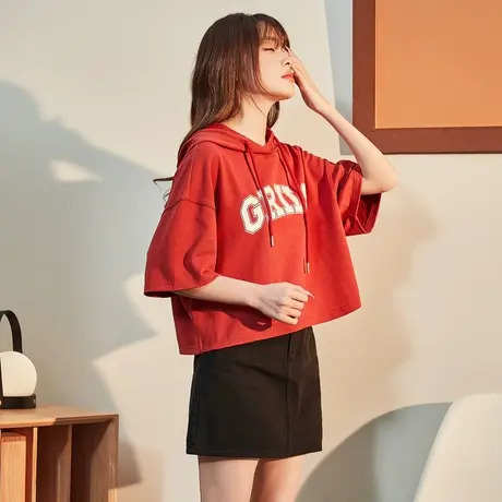 唐狮2023夏季新款半袖卫衣女短袖连帽t恤复古美式辣妹上衣小众潮商品大图