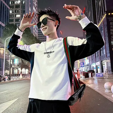 设计感撞色插肩卫衣男春季潮流韩版休闲长袖上衣小众字母休闲t恤图片