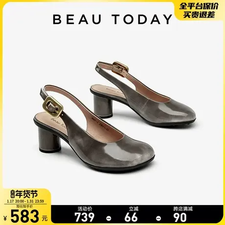 BeauToday真皮包头凉鞋女2024新款软底小皮鞋BT法式粗跟高跟凉鞋商品大图
