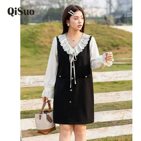 大码女装2024早秋新款连衣裙法式气质收腰显瘦胖MM长袖假两件裙子图片