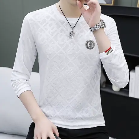 秋季男t恤潮流圆领长袖打底衫2023新款韩版印花卫衣青年冰丝大码商品大图