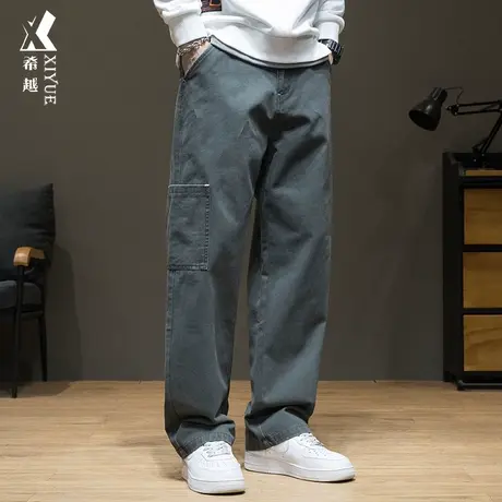 希越纯棉水洗工装直筒裤男士2024春季新款宽松大码休闲灰色长裤子商品大图