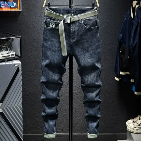 春夏款蓝色潮牌刺绣牛仔裤男修身款男士百搭显瘦高档小脚裤子男装商品大图