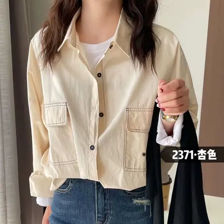 春秋新款韩范明线设计长袖衬衫女宽松外套上衣休闲polo领衬衣女装图片
