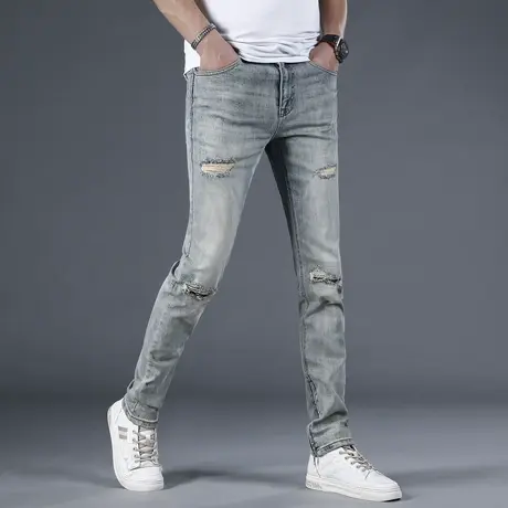 春夏季新款乞丐复古水洗破洞牛仔裤男潮牌修身小脚时尚休闲长裤子商品大图