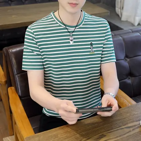 2023夏季男士冰丝短袖T恤男装条纹衫初中学生半袖体恤圆领上衣服商品大图