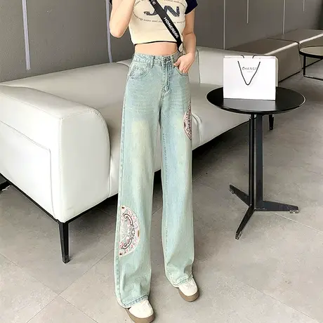 中国风刺绣阔腿牛仔裤女2024春秋新款设计感高腰显瘦民族风直筒裤图片