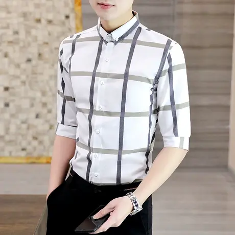 衬衫男短袖夏季格子痞帅气中袖寸衣男士商务休闲潮流7七分袖衬衣商品大图